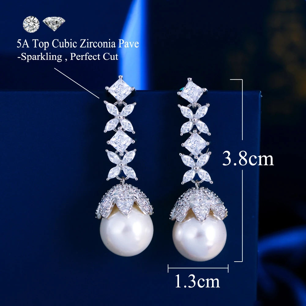 Flower Leaf Pearl Long Drop Earrings