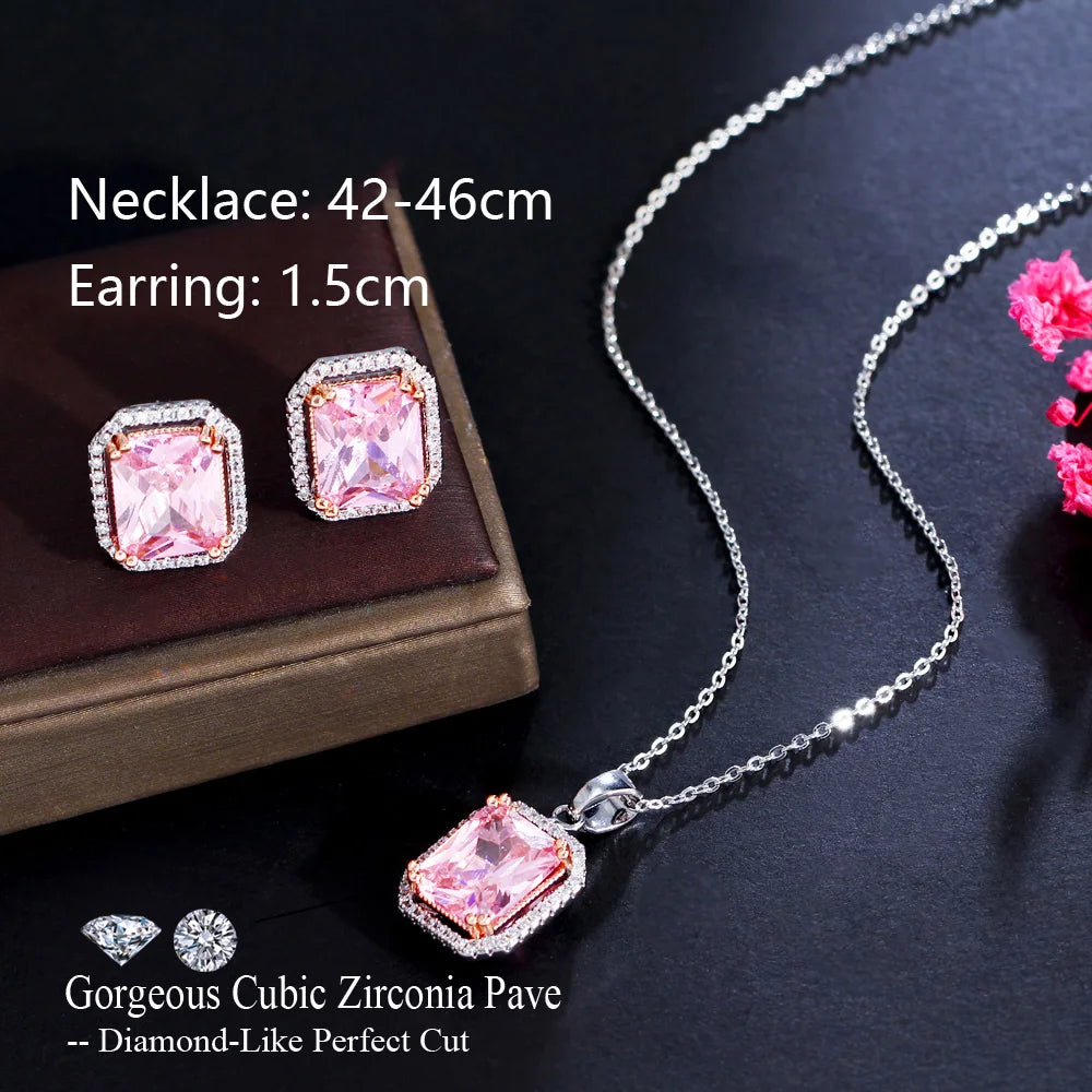 Pink Color Rectangle Stone Pendant Set