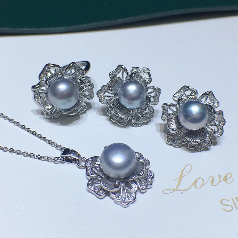 3D Flower Natural Pearl Pendant Set Grey