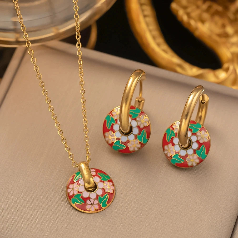 Handpainted 18K Floral Pendant Set