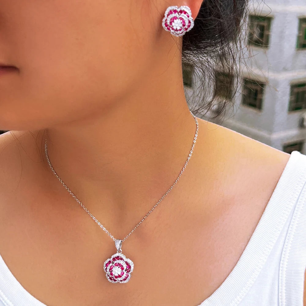 Elegant Pink Flower Pendant Set