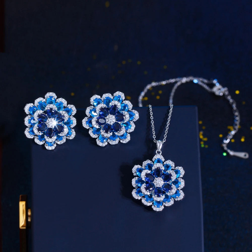 Blue Flower Shaped Earrings and Pendant Set