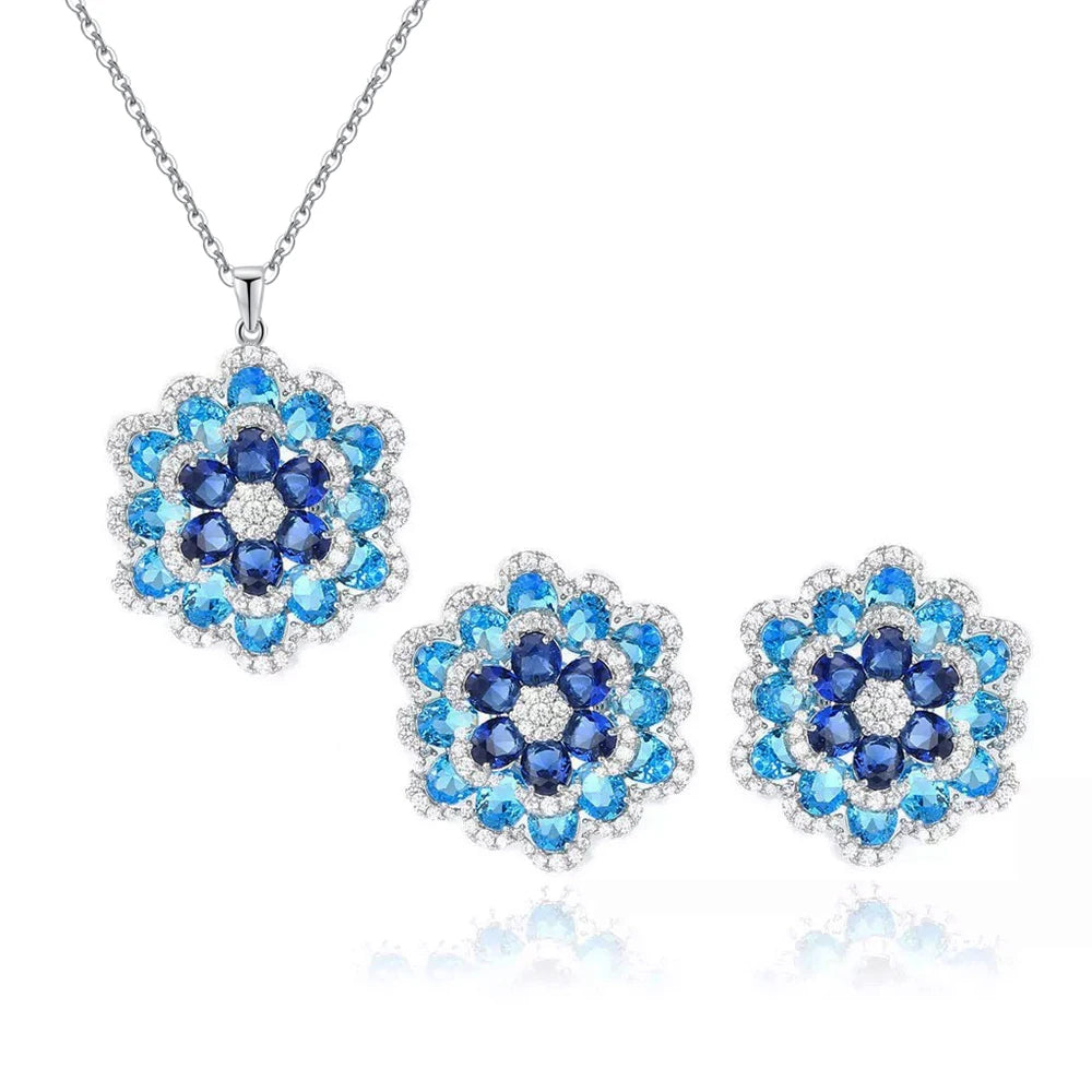 Blue Flower Shaped Earrings and Pendant Set