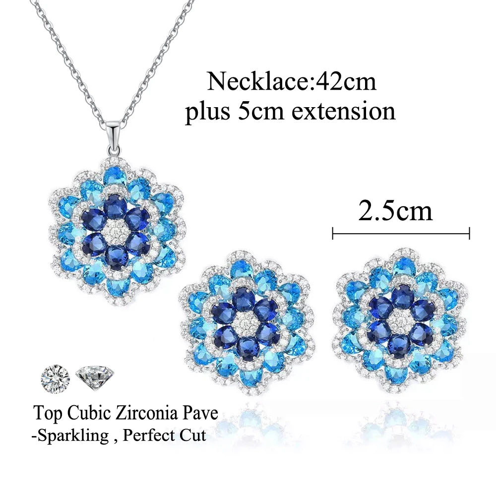 Blue Flower Shaped Earrings and Pendant Set