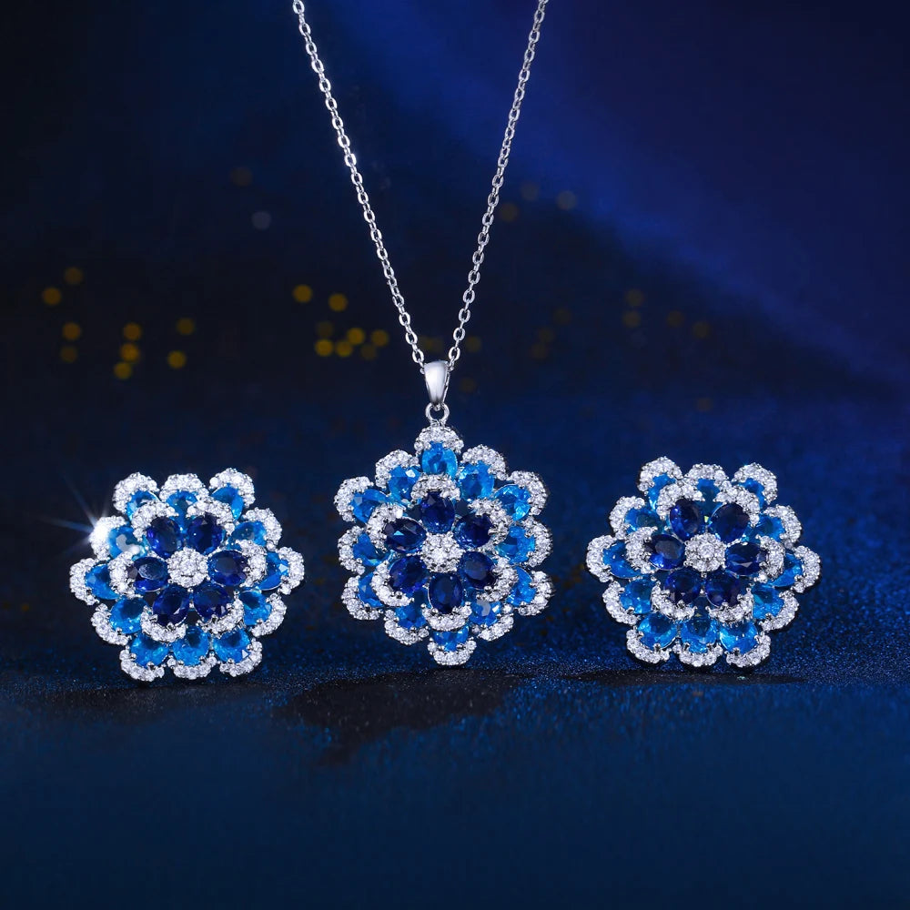 Blue Flower Shaped Earrings and Pendant Set