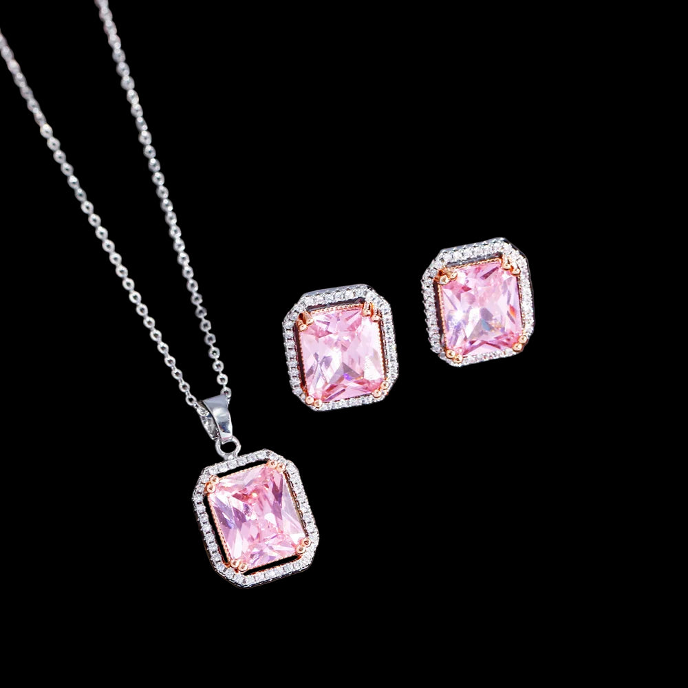 Pink Color Rectangle Stone Pendant Set