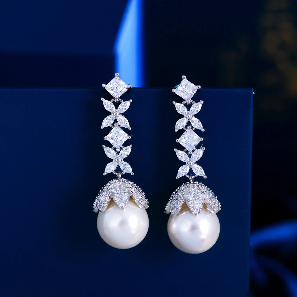 Flower Leaf Pearl Long Drop Earrings
