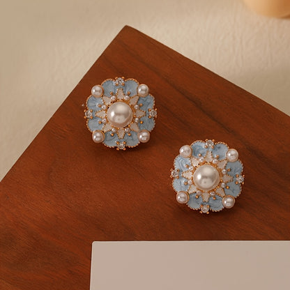 Vintage French Blue Oil Drop Flower Earrings