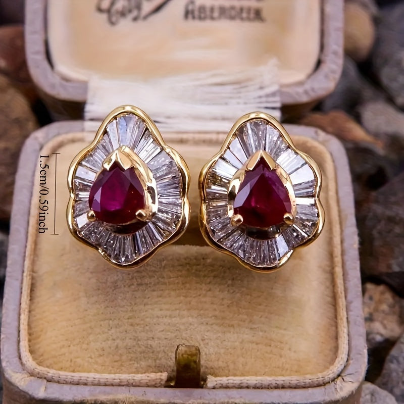 Red Ruby Stud Clip Earrings