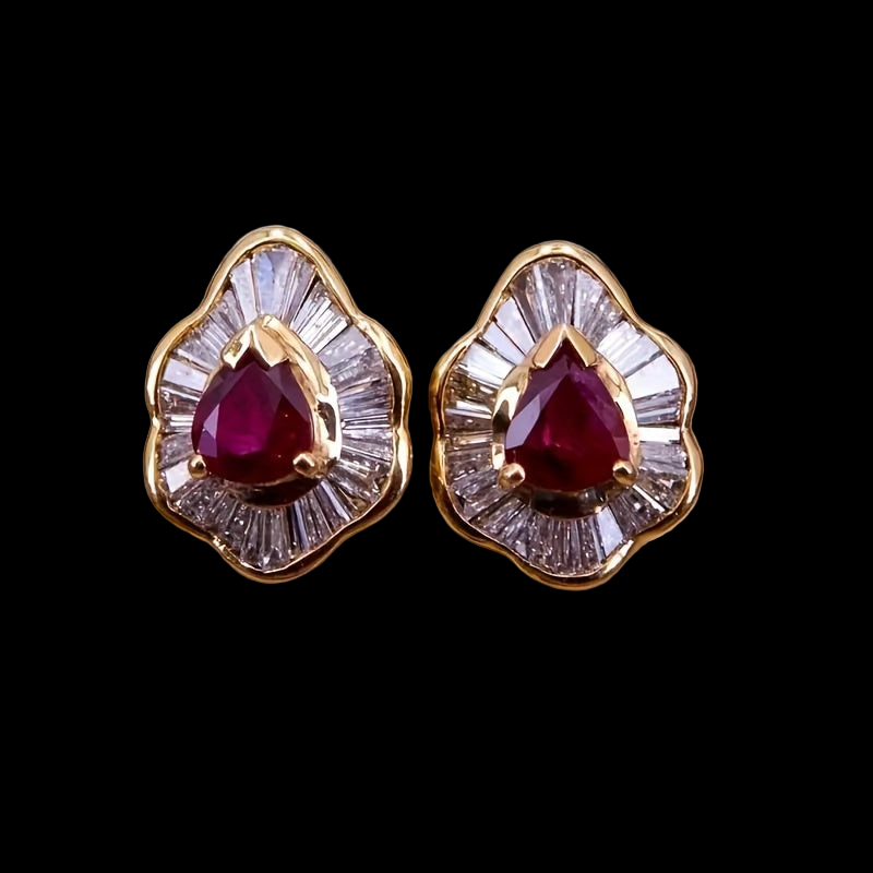 Red Ruby Stud Clip Earrings