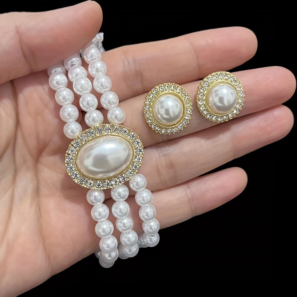 3 String Faux Pearl Necklace And Earring Set