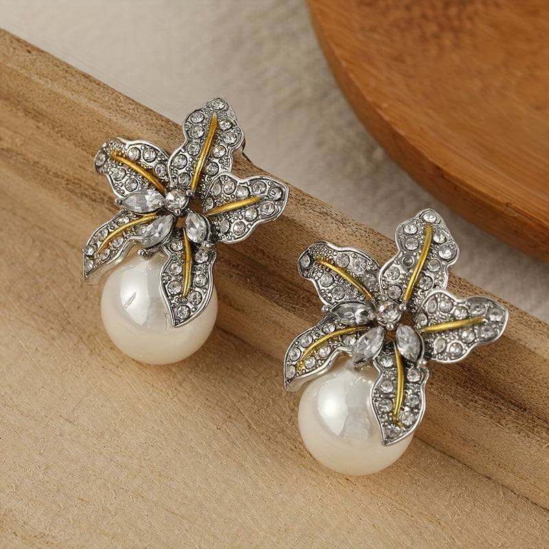 Floral Studs with Round Pearl Earrings