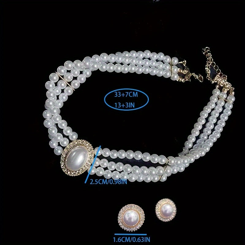 3 String Faux Pearl Necklace And Earring Set