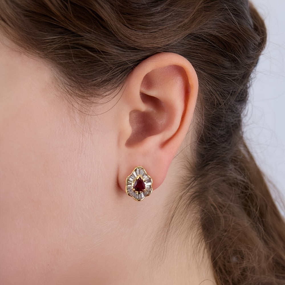 Red Ruby Stud Clip Earrings