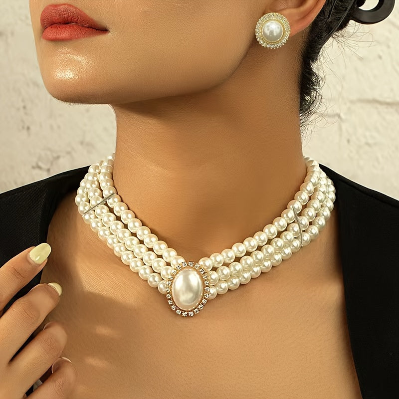 3 String Faux Pearl Necklace And Earring Set