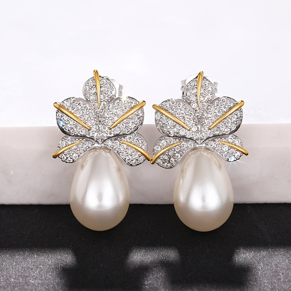 Floral Leaf Earrings with Oval Pearl