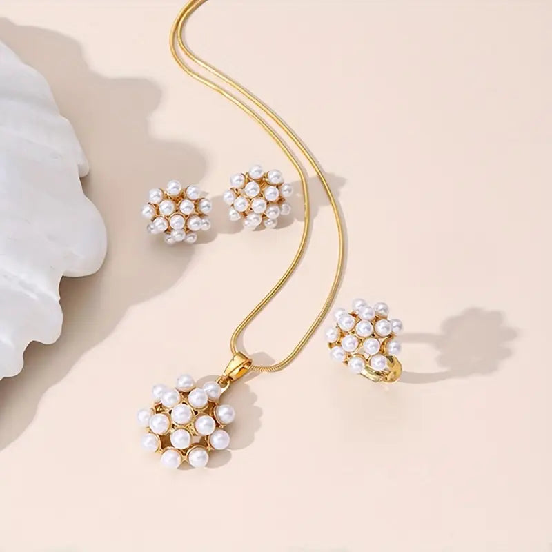 Faux Pearl Round Pendant Necklace Set