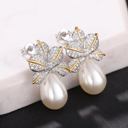 Floral Leaf Earrings with Oval Pearl