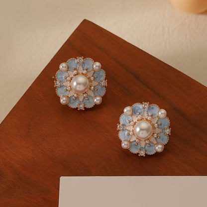 Vintage French Blue Oil Drop Flower Earrings