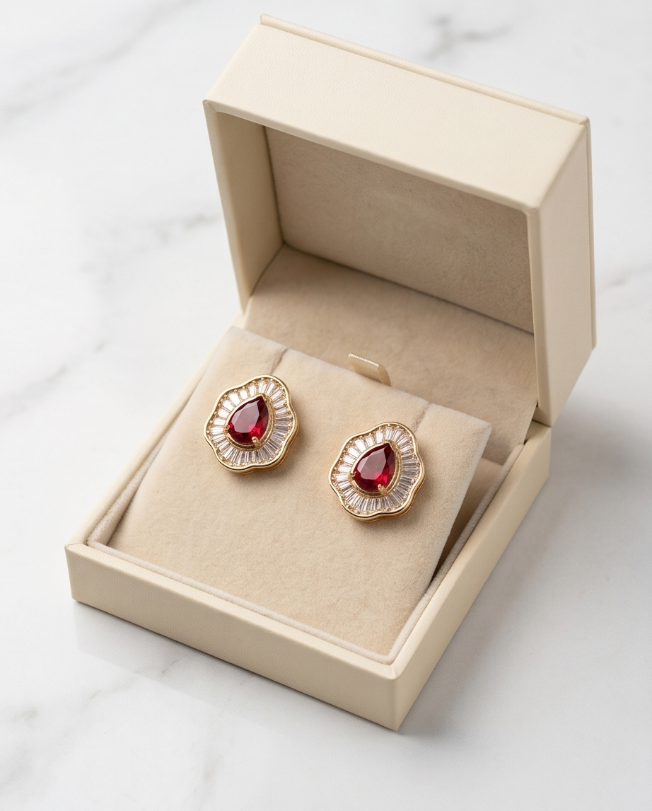 Red Ruby Stud Clip Earrings