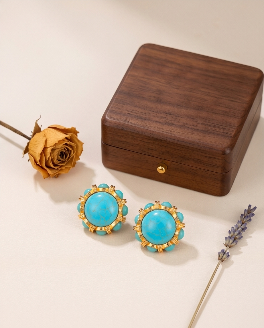 Natural Turquoise Round Earrings