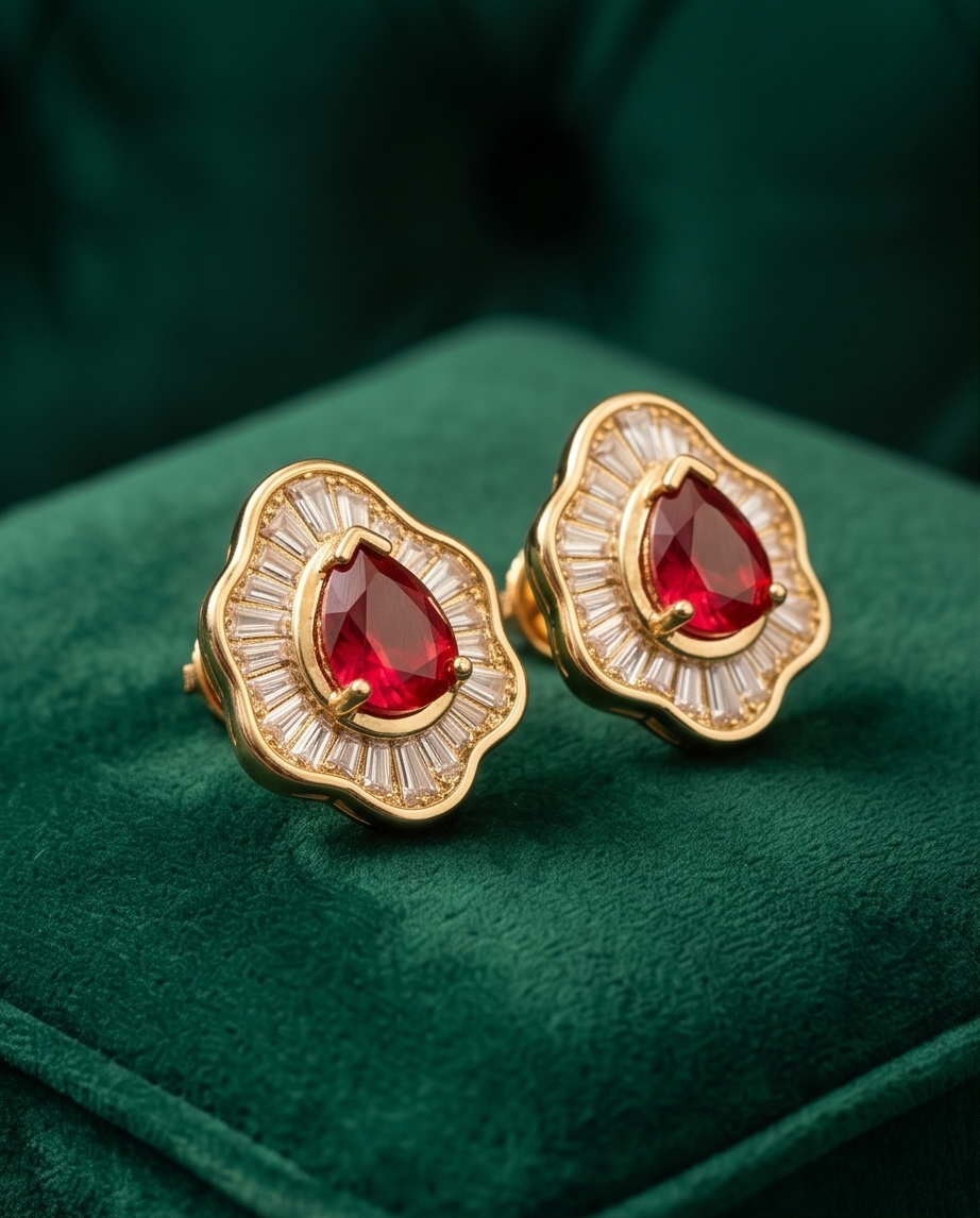 Red Ruby Stud Clip Earrings