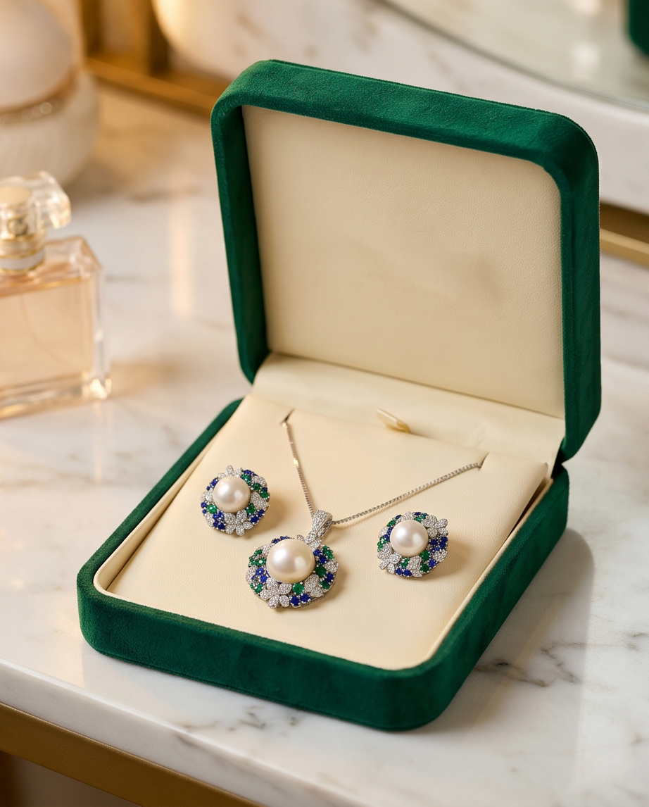 Flower Leaf Design Pearl Pendant Set