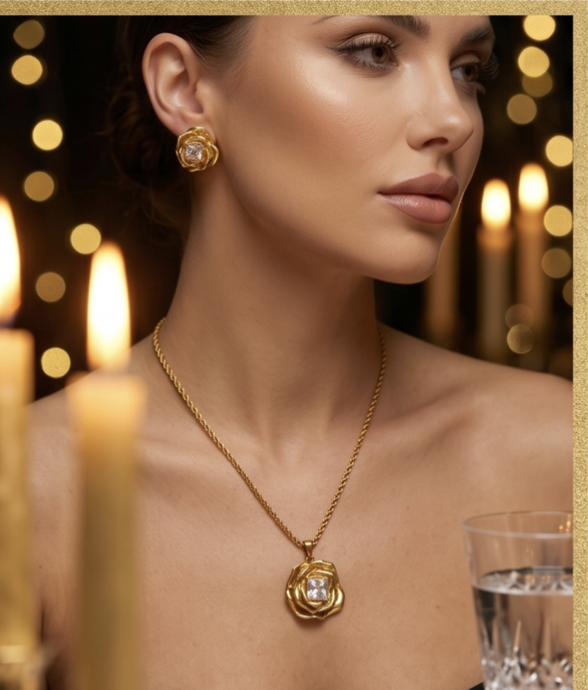 Gold Plated Rose Pendant Set