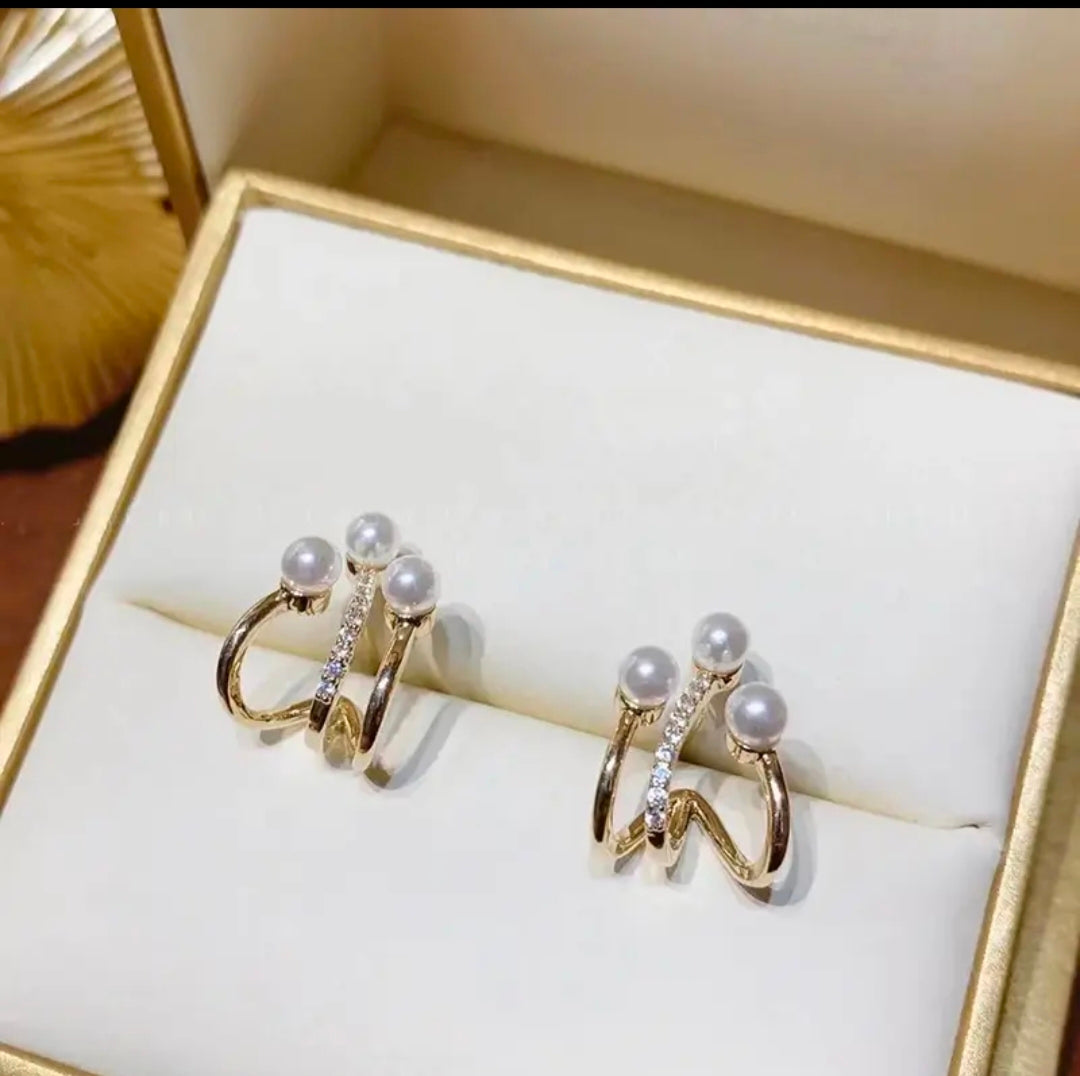 3 Pearl Gold Color Stud Earrings