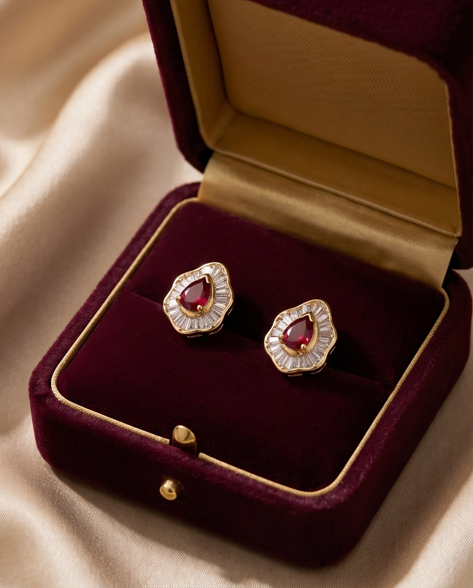 Red Ruby Stud Clip Earrings
