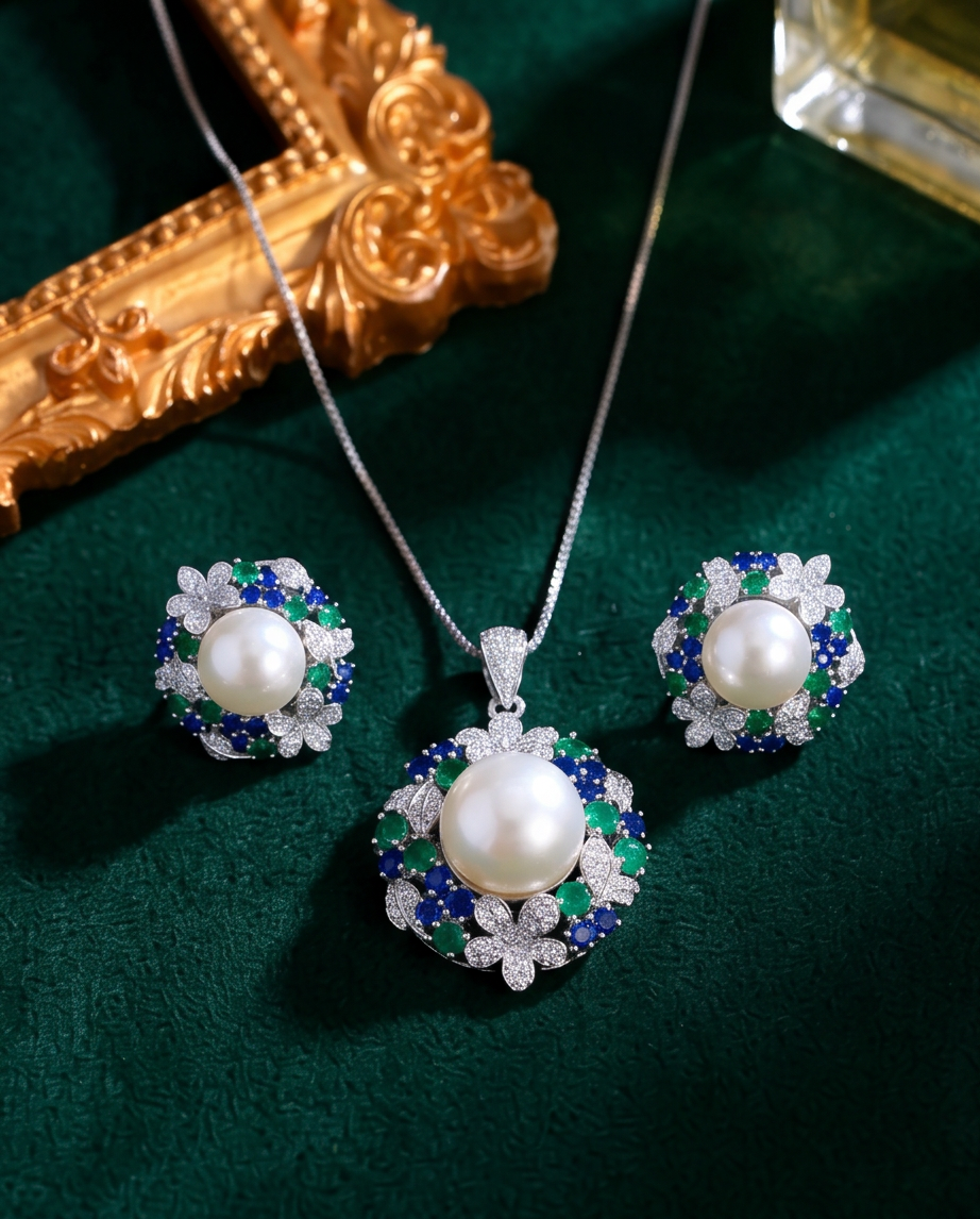 Flower Leaf Design Pearl Pendant Set