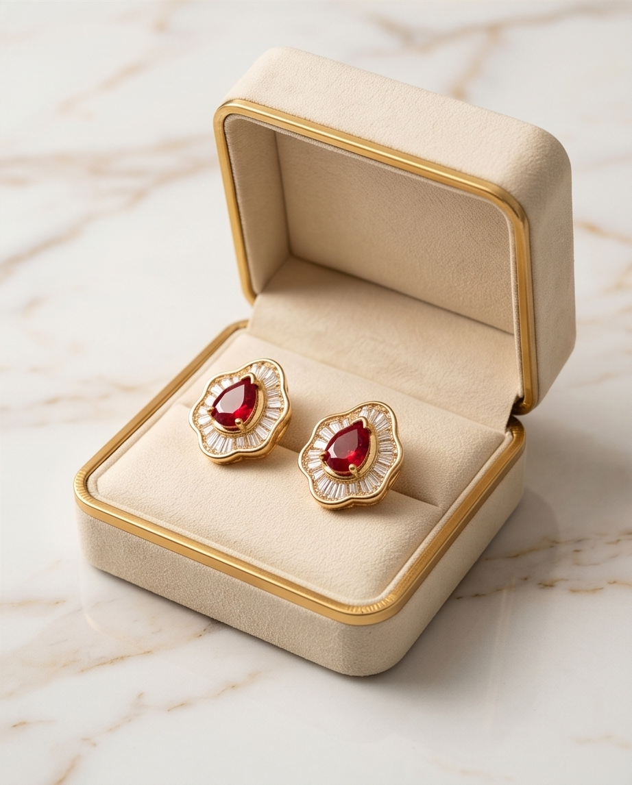 Red Ruby Stud Clip Earrings