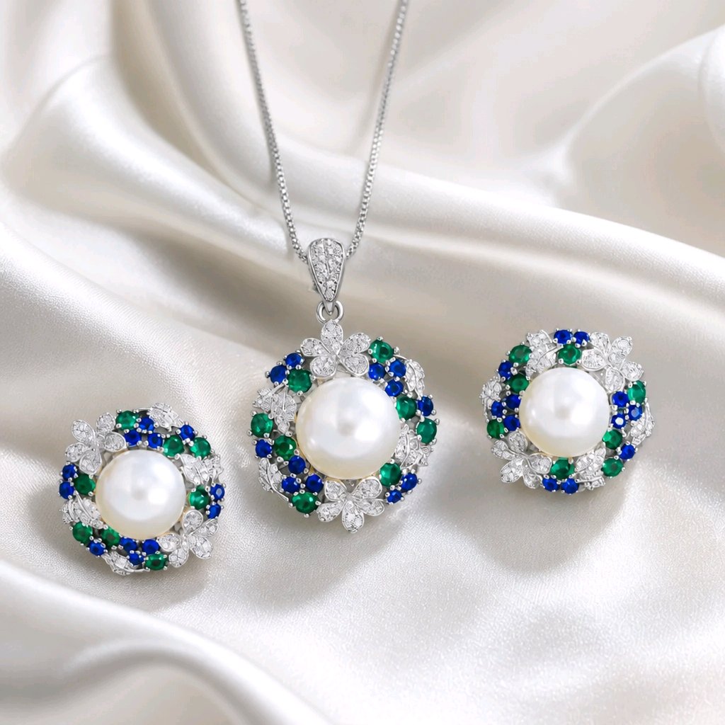 Flower Leaf Design Pearl Pendant Set