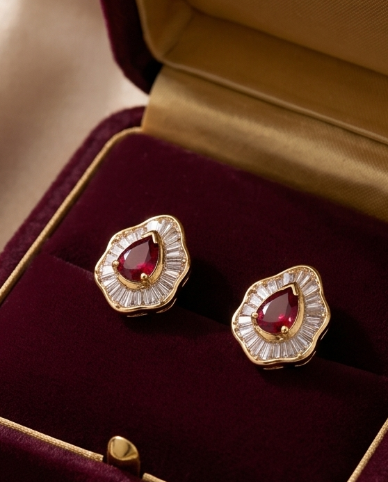 Red Ruby Stud Clip Earrings