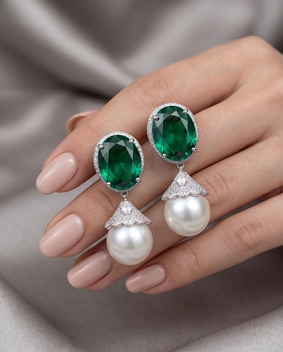 Green Crystal Imitation Pearl  Earrings