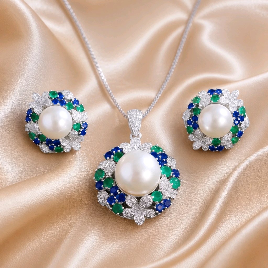 Flower Leaf Design Pearl Pendant Set
