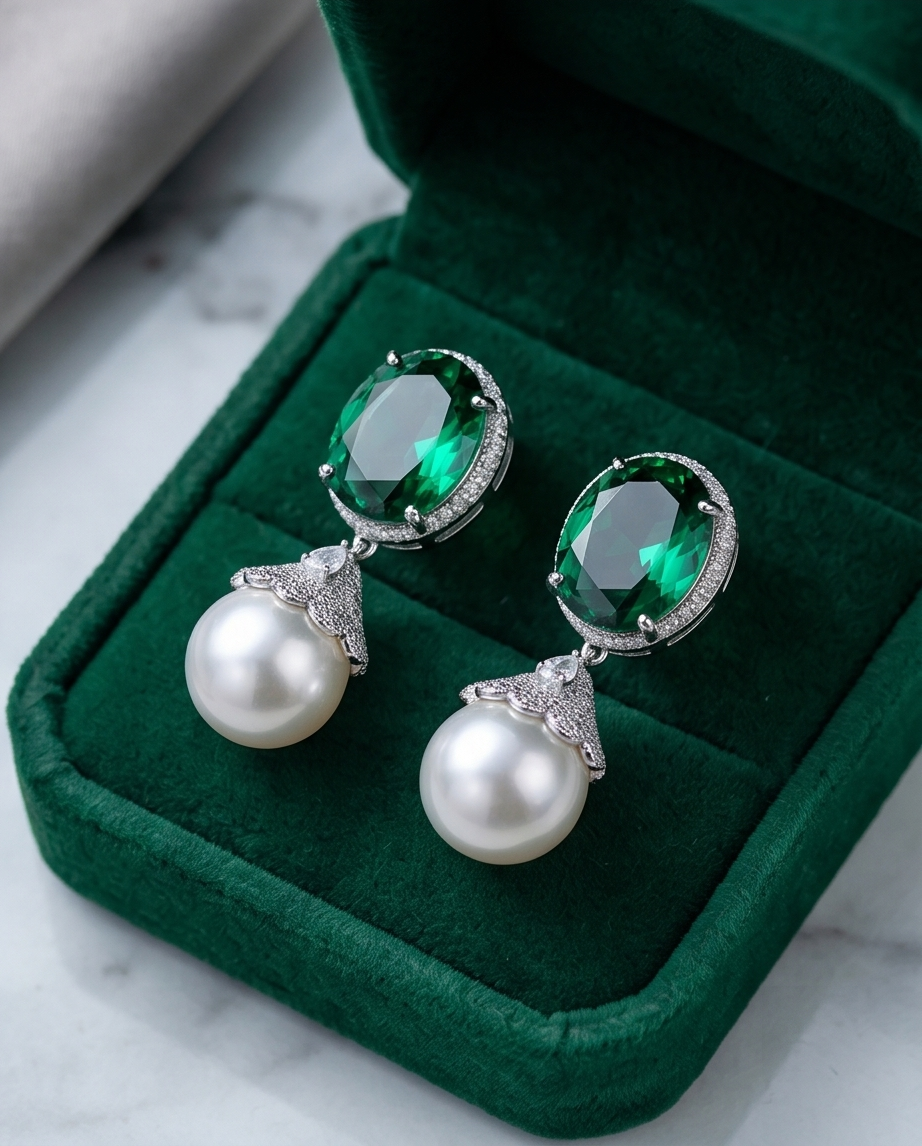 Green Crystal Imitation Pearl  Earrings