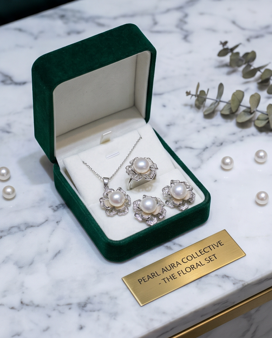 3D Flower Natural Pearl Pendant Set