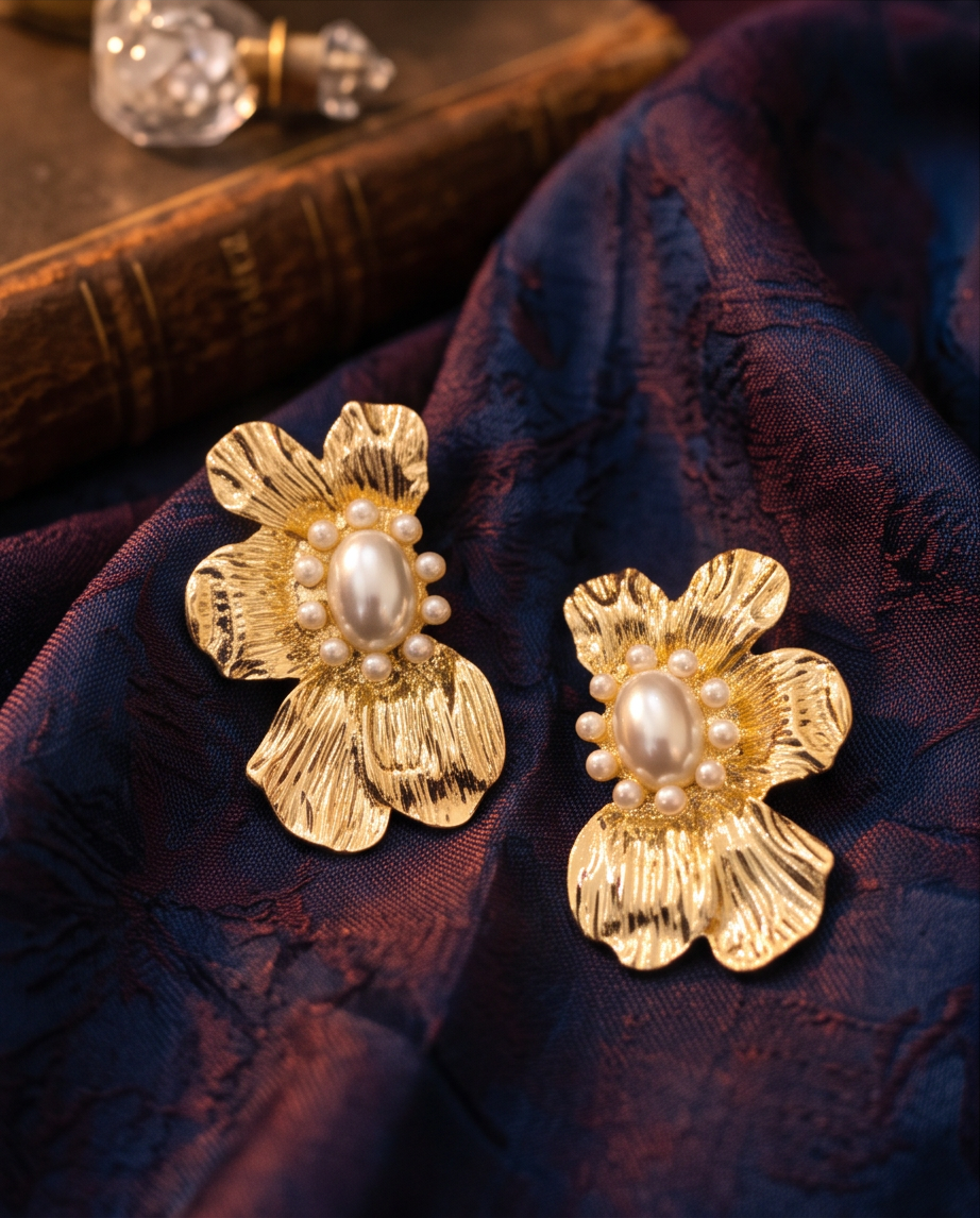 Pearl N Gold Flower Stud Earring