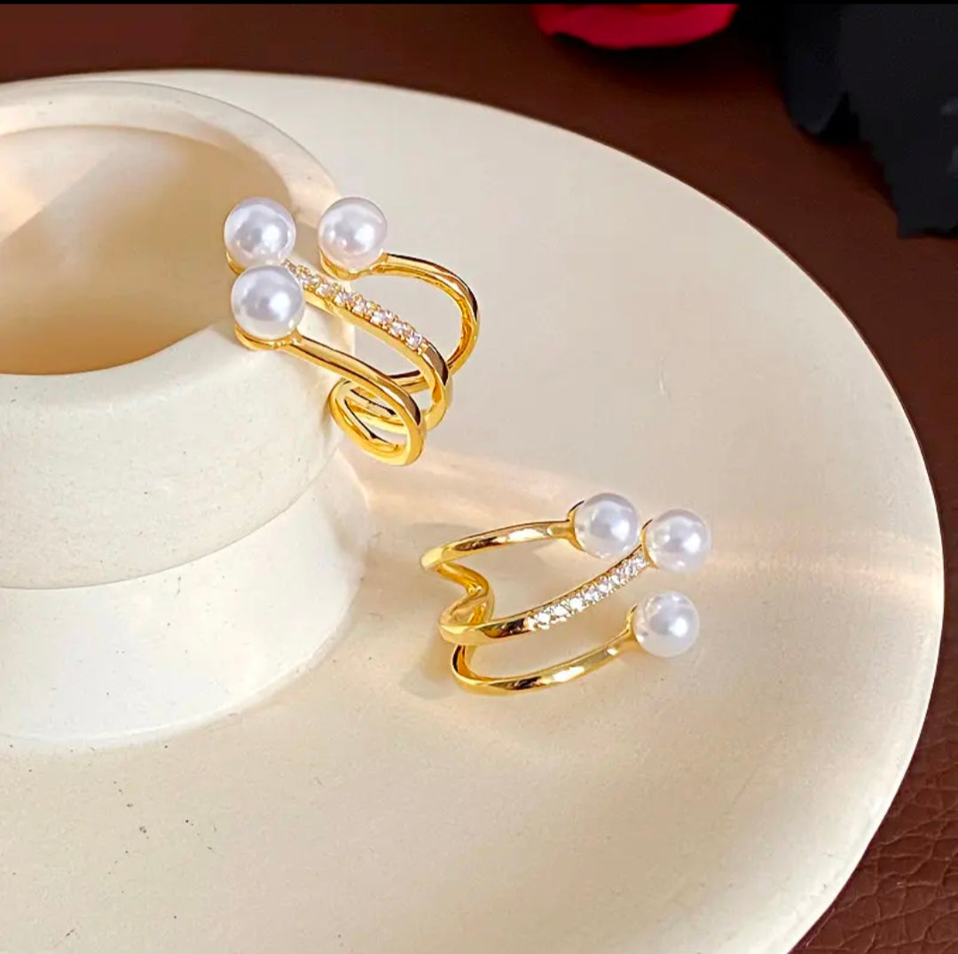 3 Pearl Gold Color Stud Earrings