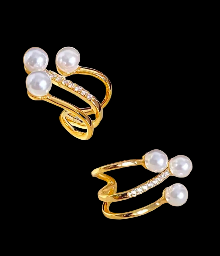 3 Pearl Gold Color Stud Earrings